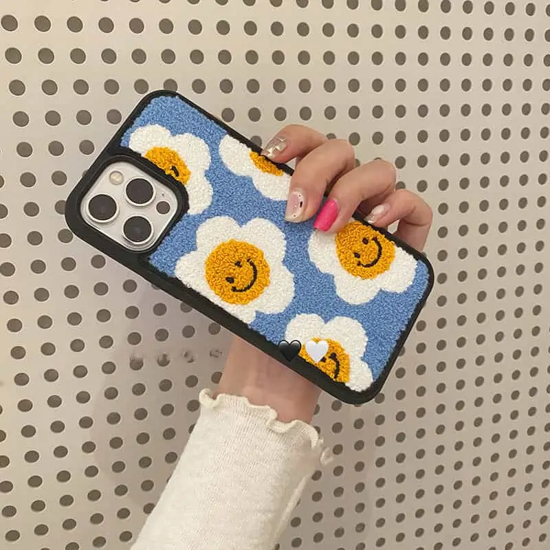 Funda suave de felpa con bordado de flor de Sol para iPhone, carcasa protectora bonita de Japón, coreano, para modelos 13, 12, 11 Pro Max, X, XR, XS, 7 y 8Puls