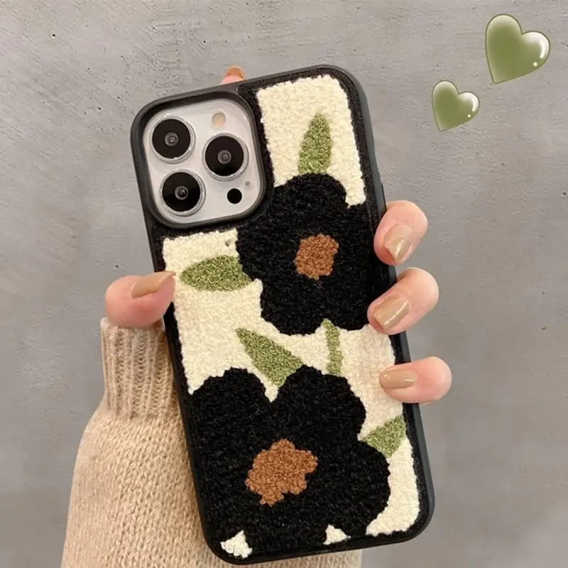 Funda suave de felpa con bordado de flor de Sol para iPhone, carcasa protectora bonita de Japón, coreano, para modelos 13, 12, 11 Pro Max, X, XR, XS, 7 y 8Puls