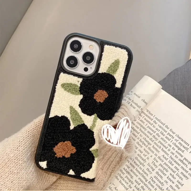 Funda suave de felpa con bordado de flor de Sol para iPhone, carcasa protectora bonita de Japón, coreano, para modelos 13, 12, 11 Pro Max, X, XR, XS, 7 y 8Puls