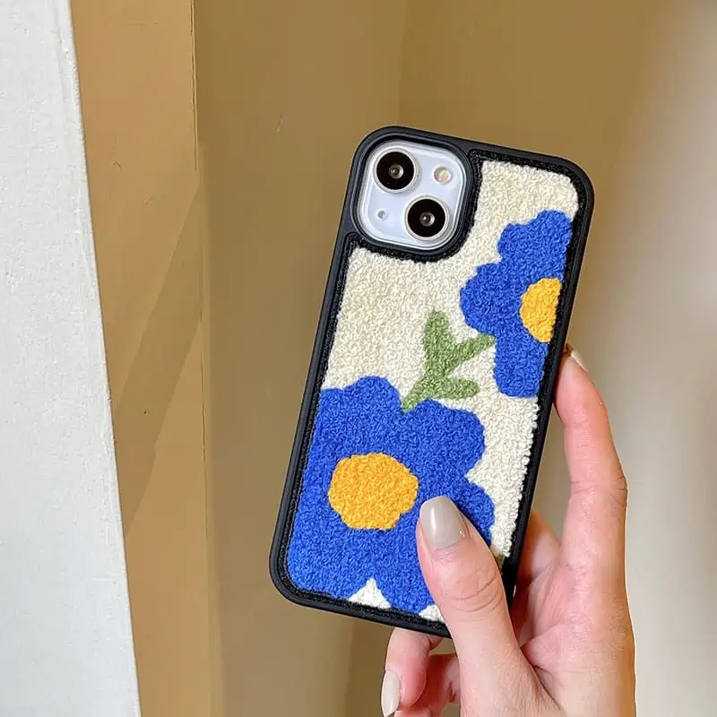 Funda suave de felpa con bordado de flor de Sol para iPhone, carcasa protectora bonita de Japón, coreano, para modelos 13, 12, 11 Pro Max, X, XR, XS, 7 y 8Puls