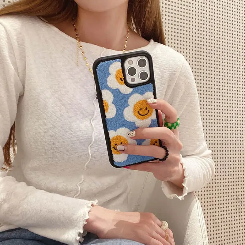 Funda suave de felpa con bordado de flor de Sol para iPhone, carcasa protectora bonita de Japón, coreano, para modelos 13, 12, 11 Pro Max, X, XR, XS, 7 y 8Puls