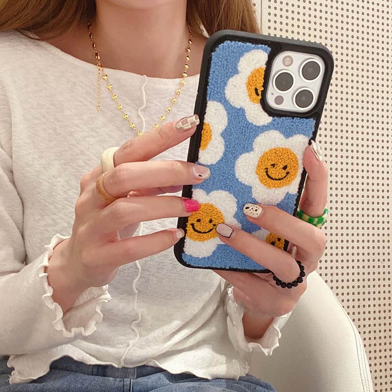 Funda suave de felpa con bordado de flor de Sol para iPhone, carcasa protectora bonita de Japón, coreano, para modelos 13, 12, 11 Pro Max, X, XR, XS, 7 y 8Puls