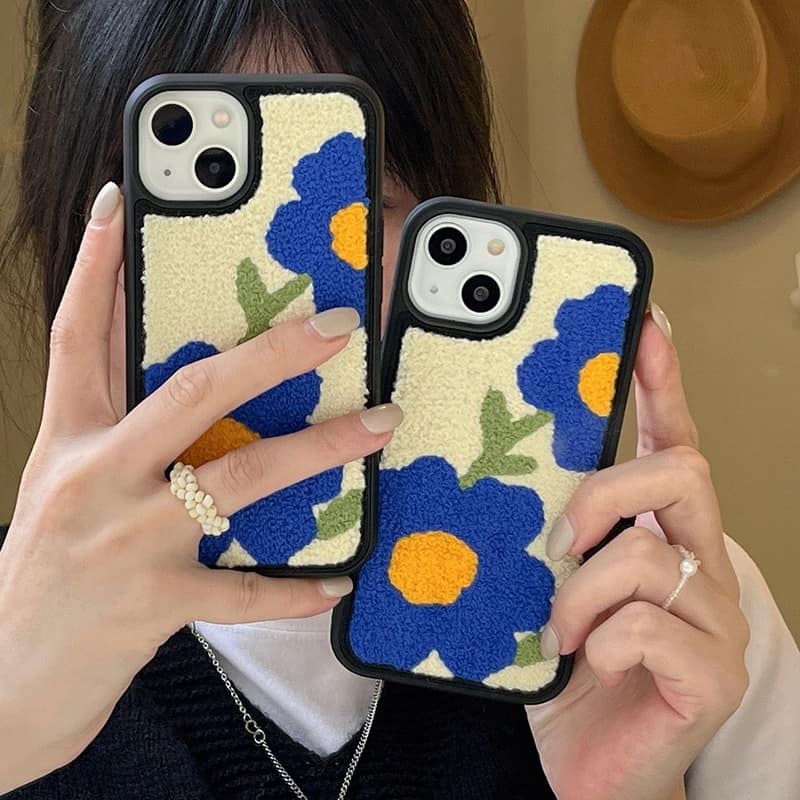 Funda suave de felpa con bordado de flor de Sol para iPhone, carcasa protectora bonita de Japón, coreano, para modelos 13, 12, 11 Pro Max, X, XR, XS, 7 y 8Puls