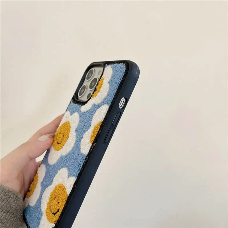 Funda suave de felpa con bordado de flor de Sol para iPhone, carcasa protectora bonita de Japón, coreano, para modelos 13, 12, 11 Pro Max, X, XR, XS, 7 y 8Puls