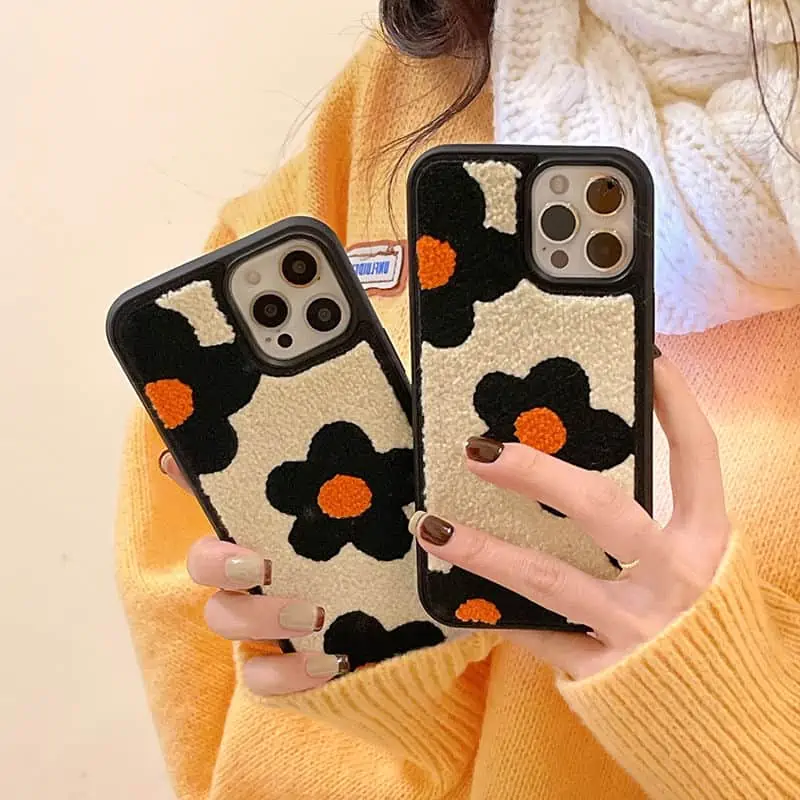 Funda suave de felpa con bordado de flor de Sol para iPhone, carcasa protectora bonita de Japón, coreano, para modelos 13, 12, 11 Pro Max, X, XR, XS, 7 y 8Puls