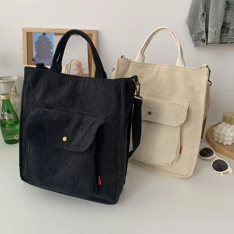 Hylhexyr-Bolso de hombro de pana para mujer, bolsa de compras Vintage con cremallera, para estudiantes, informal, con bolsillo exterior