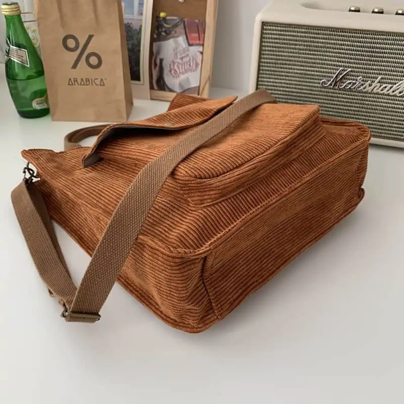 Hylhexyr-Bolso de hombro de pana para mujer, bolsa de compras Vintage con cremallera, para estudiantes, informal, con bolsillo exterior