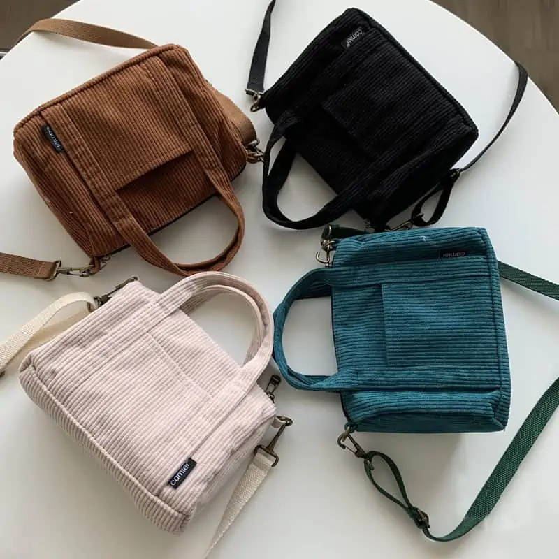 Hylhexyr-Bolso de hombro de pana para mujer, bolsa de compras Vintage con cremallera, para estudiantes, informal, con bolsillo exterior