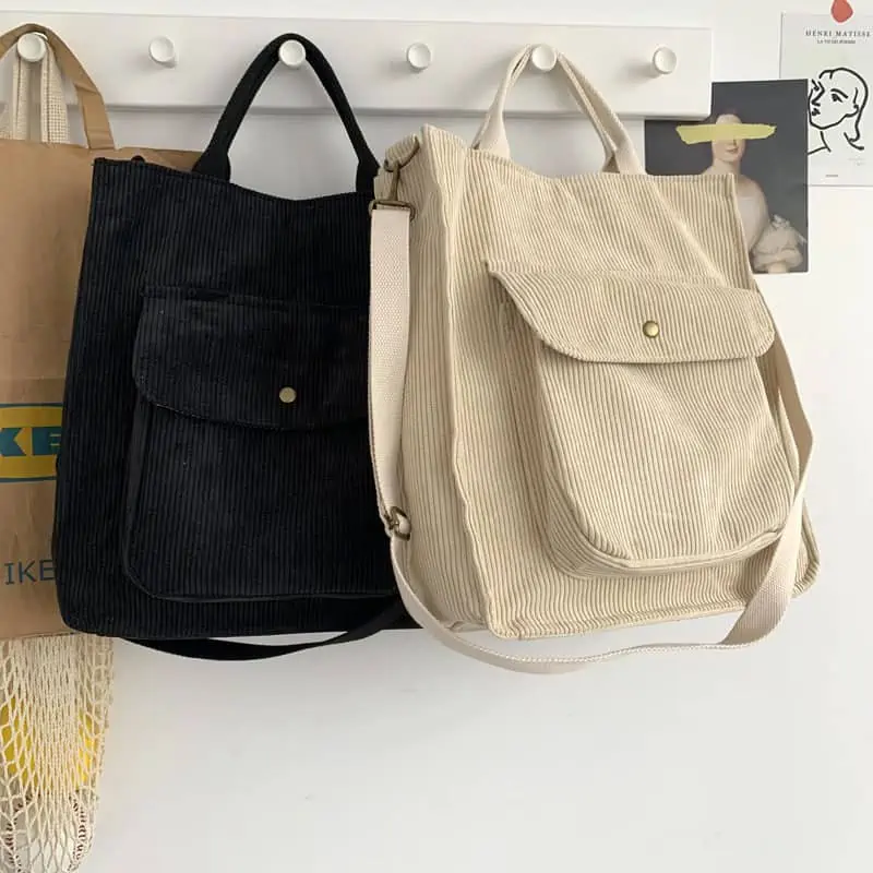 Hylhexyr-Bolso de hombro de pana para mujer, bolsa de compras Vintage con cremallera, para estudiantes, informal, con bolsillo exterior