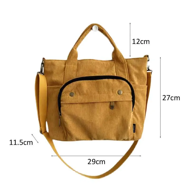 Hylhexyr-Bolso de hombro de pana para mujer, bolsa de compras Vintage con cremallera, para estudiantes, informal, con bolsillo exterior