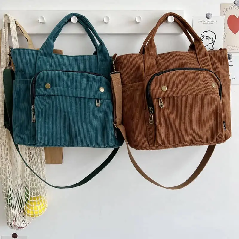 Hylhexyr-Bolso de hombro de pana para mujer, bolsa de compras Vintage con cremallera, para estudiantes, informal, con bolsillo exterior