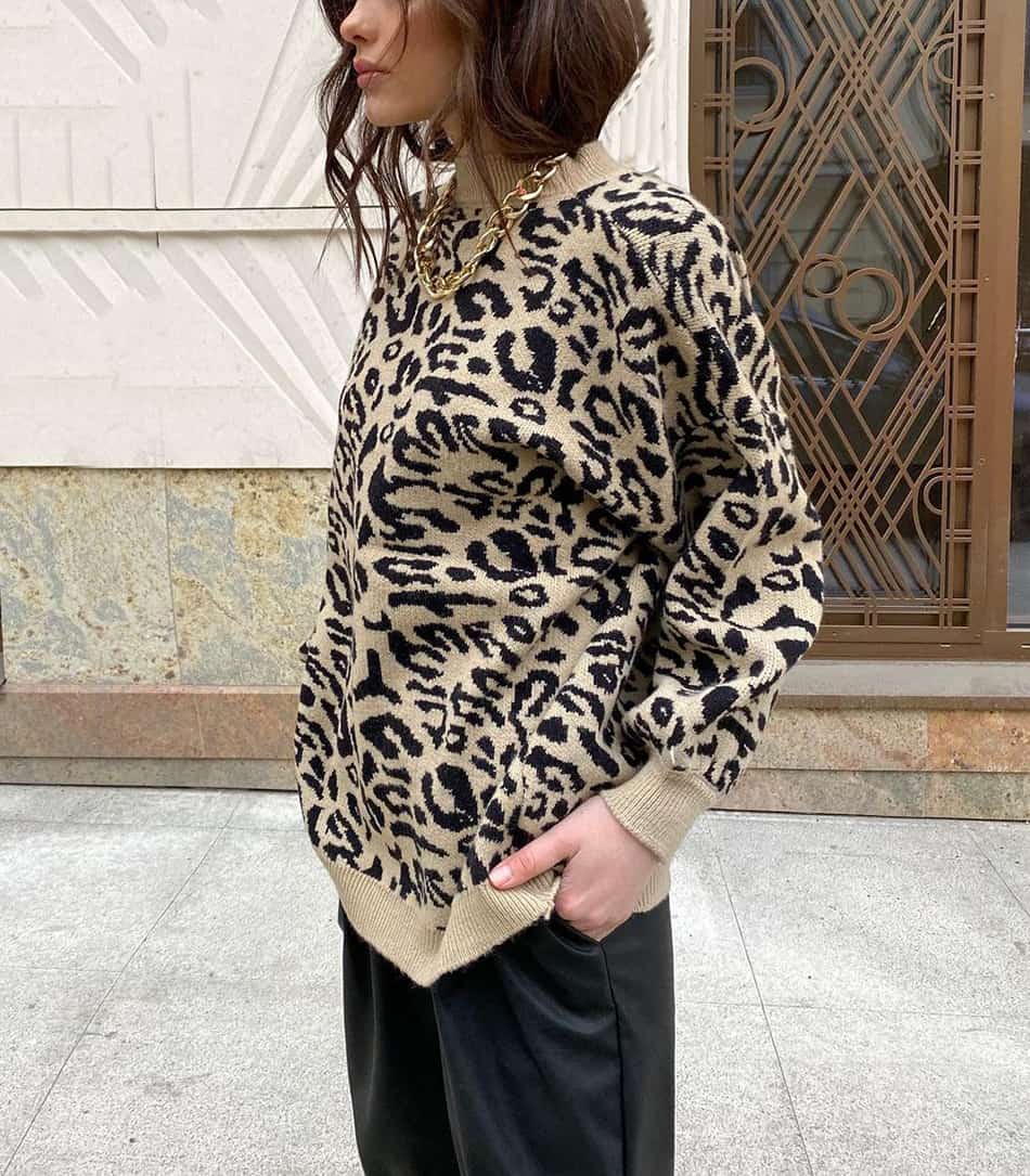 Suéter de Mujer, de Cuello Alto con Estampado Animal de Leopardo, Cárdigan Informal de Talla Grande, Jerseys Gruesos, Temporada Invierno