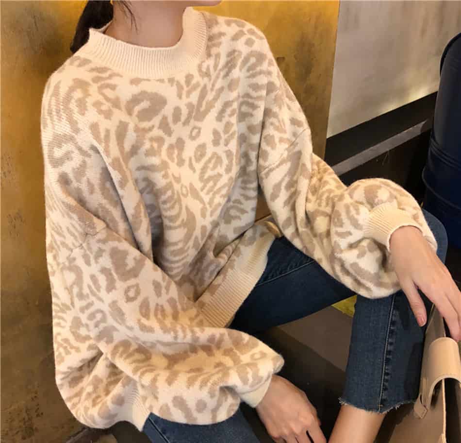 Suéter de Mujer, de Cuello Alto con Estampado Animal de Leopardo, Cárdigan Informal de Talla Grande, Jerseys Gruesos, Temporada Invierno