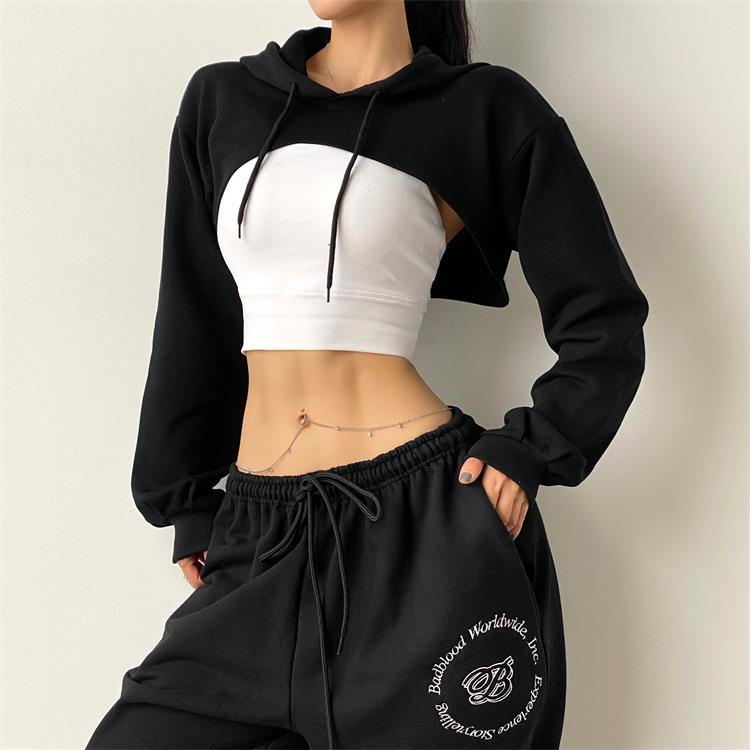 Top corto de Fitness para mujer, camisas deportivas de algodón, Sudadera de manga larga con capucha, camisetas de Yoga para entrenamiento en el gimnasio