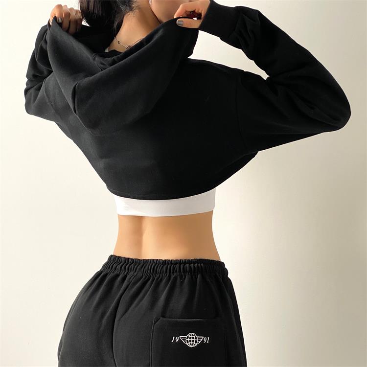 Top corto de Fitness para mujer, camisas deportivas de algodón, Sudadera de manga larga con capucha, camisetas de Yoga para entrenamiento en el gimnasio