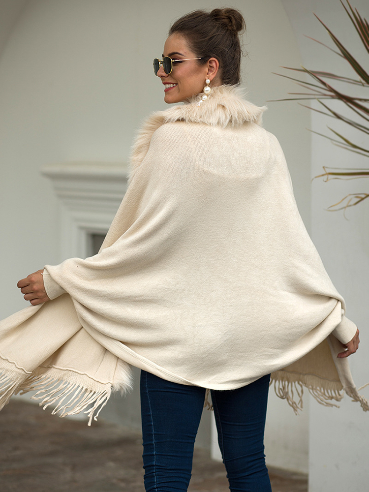 Fitshinling-chales de invierno con Cuello de piel para mujer, cárdigan de gran tamaño con flecos bohemios, Ponchos y capas de manga murciélago