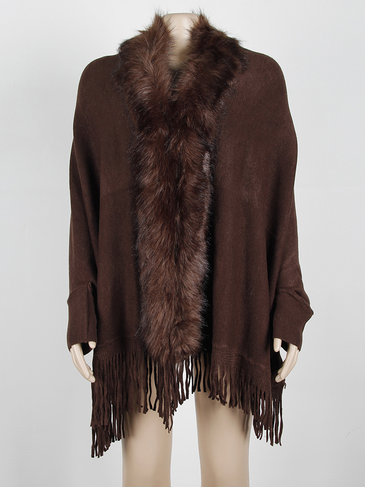 Fitshinling-chales de invierno con Cuello de piel para mujer, cárdigan de gran tamaño con flecos bohemios, Ponchos y capas de manga murciélago