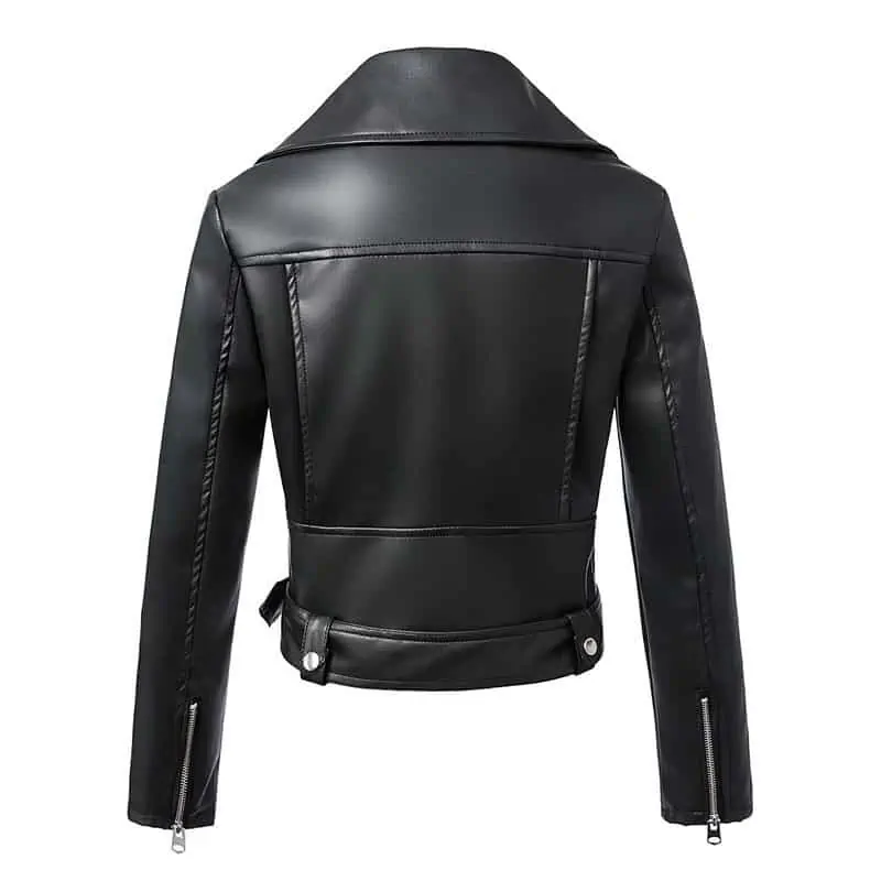 Ailegogo-chaquetas de piel sintética para mujer, abrigo básico con cremallera y cuello vuelto, chaqueta de motorista con cinturón, color negro, primavera y otoño, novedad