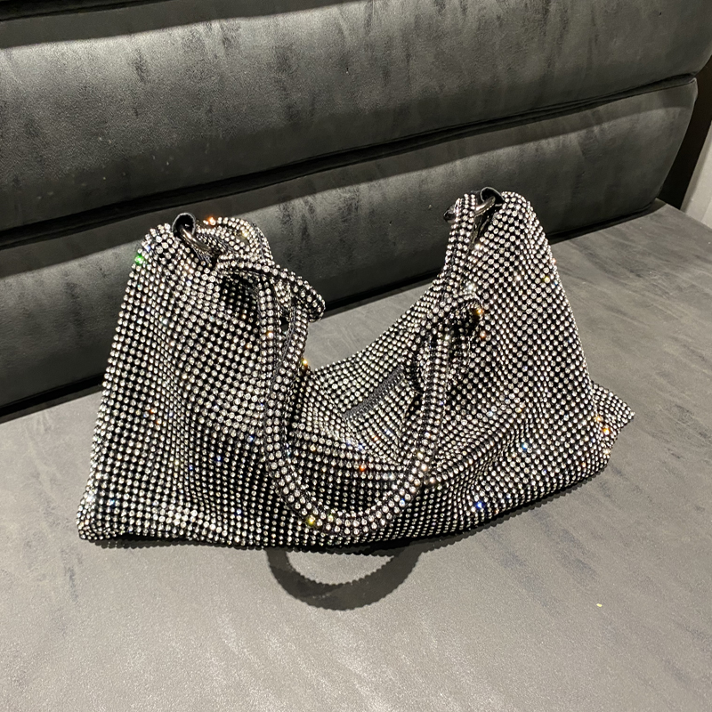 Bolso de hombro hobo de diseñador de lujo, bolsa de mano con diamantes de imitación brillantes, de noche, de cristal, Hobo