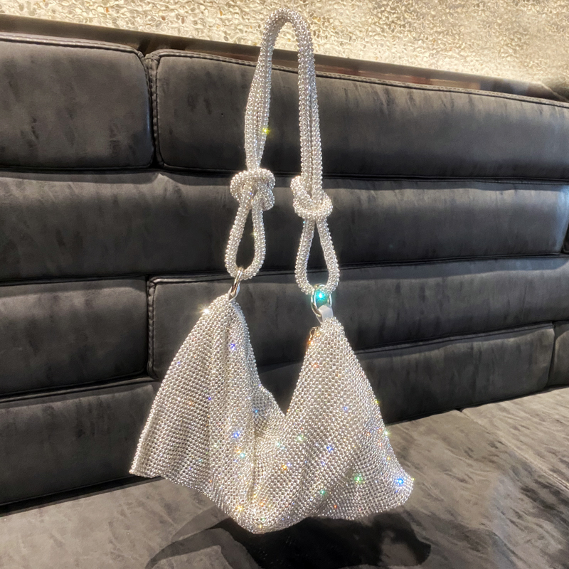 Bolso de hombro hobo de diseñador de lujo, bolsa de mano con diamantes de imitación brillantes, de noche, de cristal, Hobo