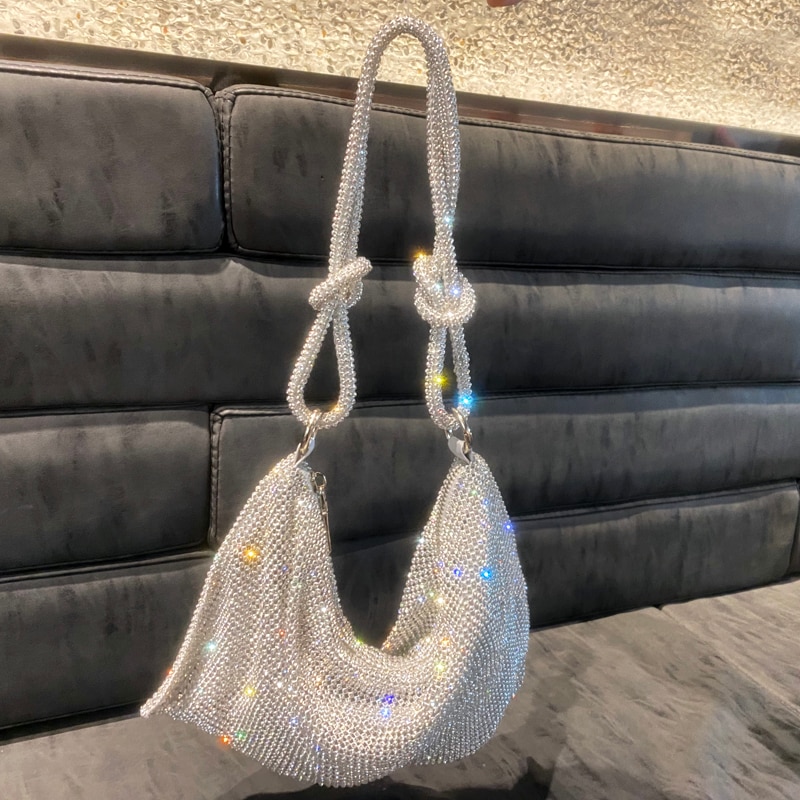 Bolso de hombro hobo de diseñador de lujo, bolsa de mano con diamantes de imitación brillantes, de noche, de cristal, Hobo