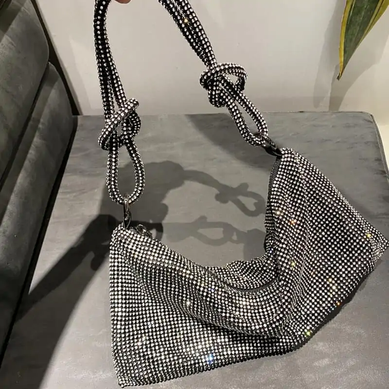 Bolso de hombro hobo de diseñador de lujo, bolsa de mano con diamantes de imitación brillantes, de noche, de cristal, Hobo