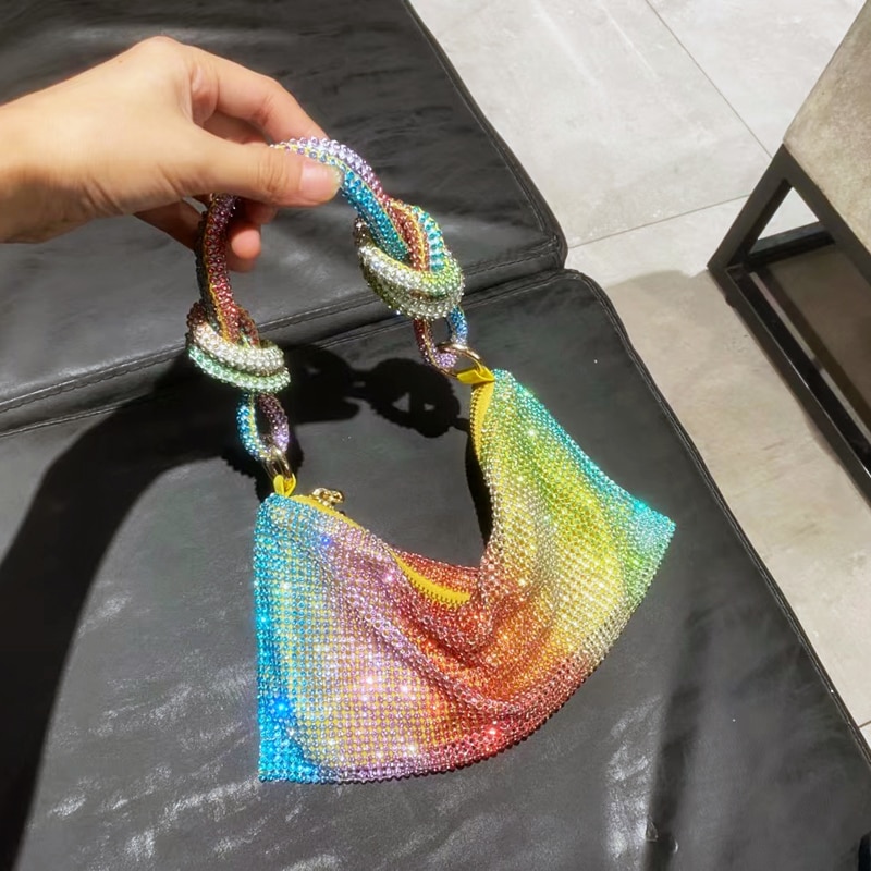 Bolso de hombro hobo de diseñador de lujo, bolsa de mano con diamantes de imitación brillantes, de noche, de cristal, Hobo