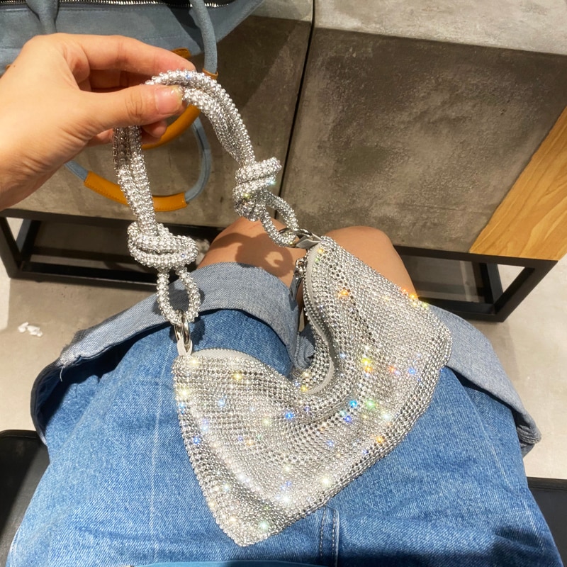 Bolso de hombro hobo de diseñador de lujo, bolsa de mano con diamantes de imitación brillantes, de noche, de cristal, Hobo