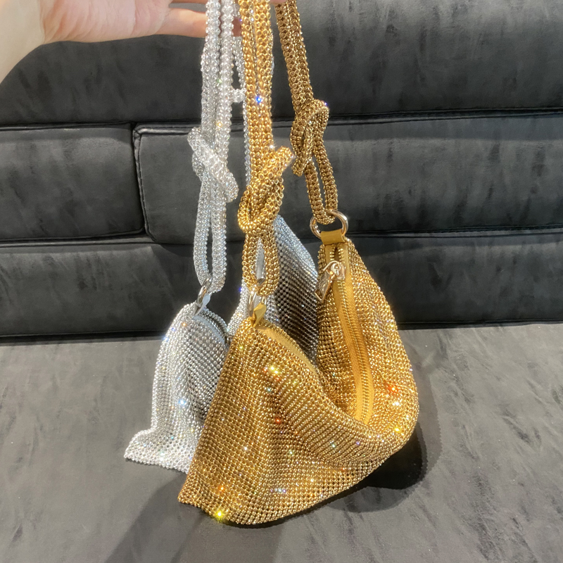 Bolso de hombro hobo de diseñador de lujo, bolsa de mano con diamantes de imitación brillantes, de noche, de cristal, Hobo