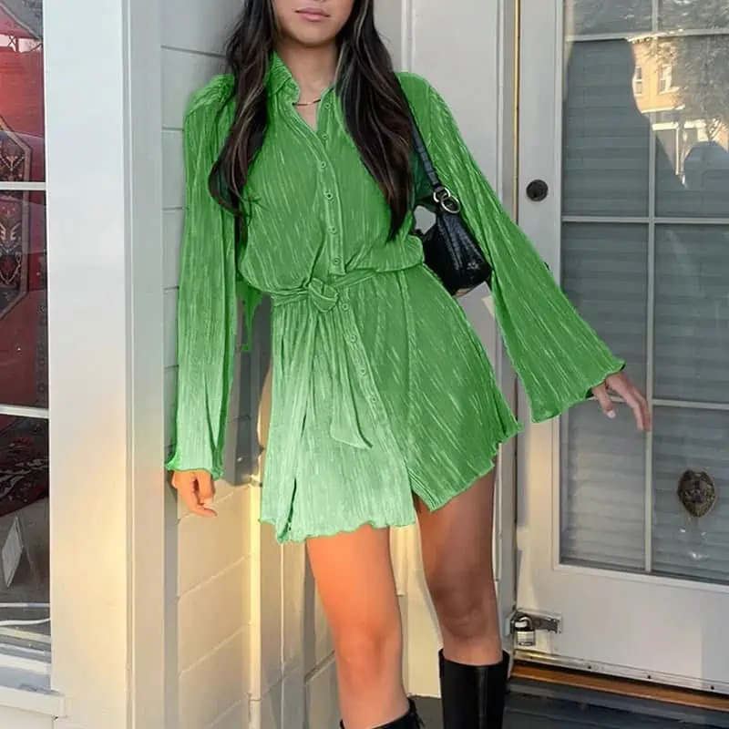 Minivestido plisado verde sexi para mujer, vestido ajustado de manga abullonada con encaje, dobladillo plisado para mujer, y Club para fiesta, verano 2022