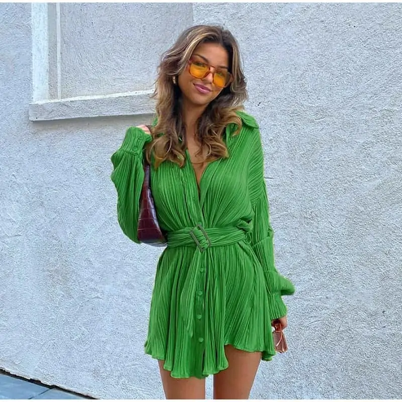 Minivestido plisado verde sexi para mujer, vestido ajustado de manga abullonada con encaje, dobladillo plisado para mujer, y Club para fiesta, verano 2022