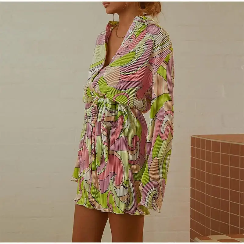 Minivestido plisado verde sexi para mujer, vestido ajustado de manga abullonada con encaje, dobladillo plisado para mujer, y Club para fiesta, verano 2022