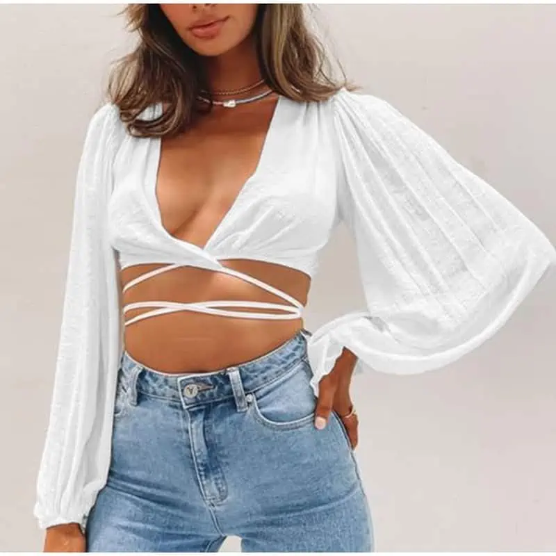 Tops cortos con encaje y cuello en V profundo para mujer, Tops sólidos de manga larga con linterna, vendaje 100% algodón, camisetas sexys con ombligo descubierto para mujer de verano