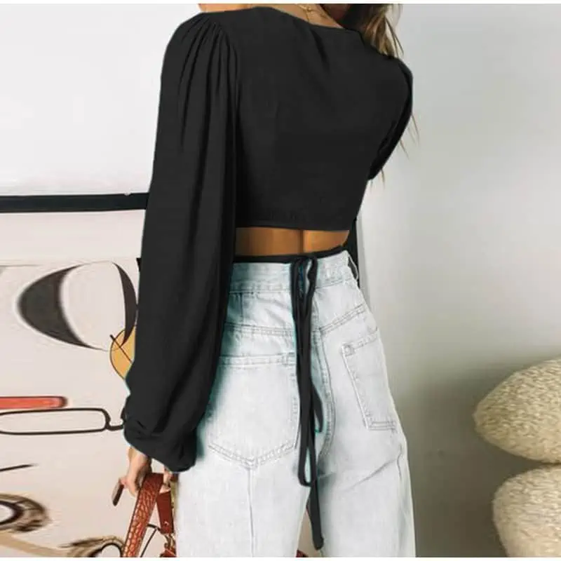 Tops cortos con encaje y cuello en V profundo para mujer, Tops sólidos de manga larga con linterna, vendaje 100% algodón, camisetas sexys con ombligo descubierto para mujer de verano