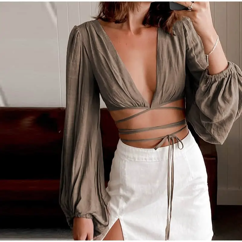 Tops cortos con encaje y cuello en V profundo para mujer, Tops sólidos de manga larga con linterna, vendaje 100% algodón, camisetas sexys con ombligo descubierto para mujer de verano