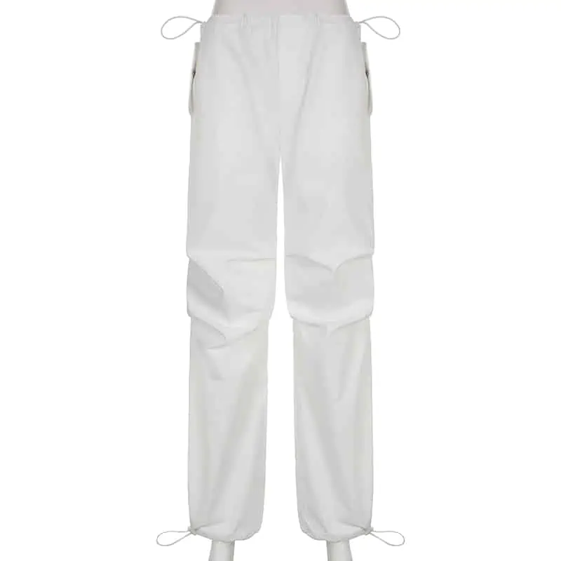 Sweetown-pantalones de chándal holgados de pierna ancha para mujer, ropa de calle de cintura baja con cordón, color blanco, estilo Hippie, Cargo