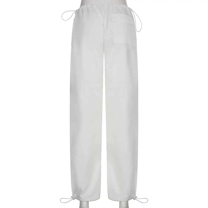 Sweetown-pantalones de chándal holgados de pierna ancha para mujer, ropa de calle de cintura baja con cordón, color blanco, estilo Hippie, Cargo