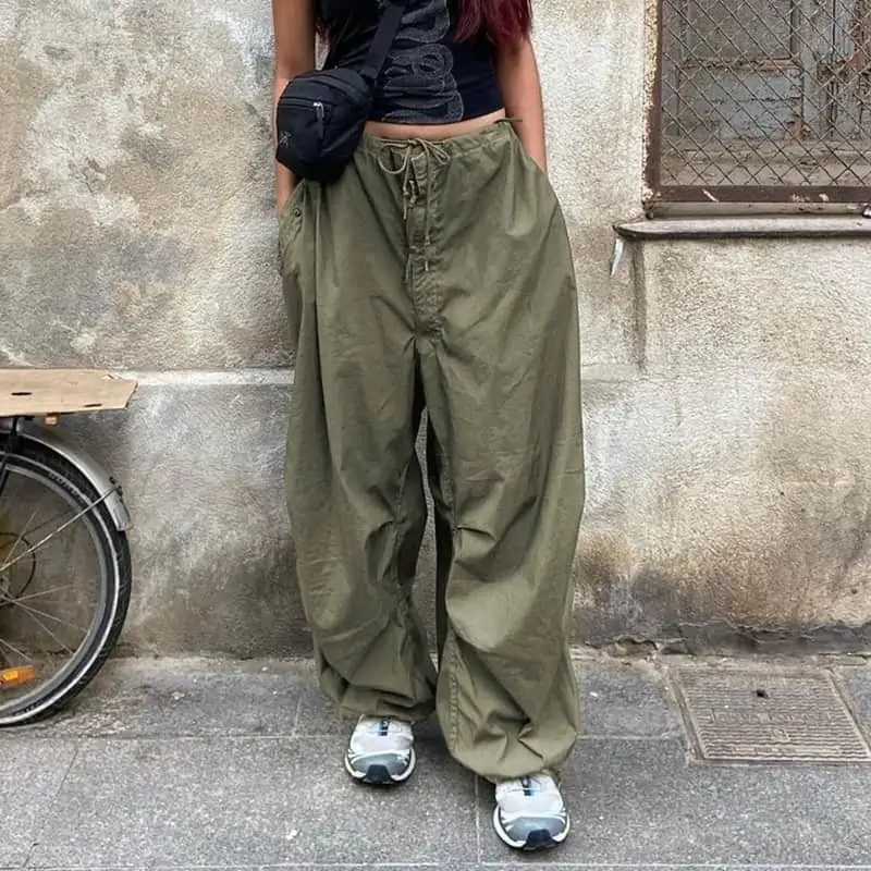 Sweetown-pantalones de chándal holgados de pierna ancha para mujer, ropa de calle de cintura baja con cordón, color blanco, estilo Hippie, Cargo