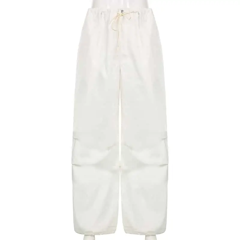 Sweetown-pantalones de chándal holgados de pierna ancha para mujer, ropa de calle de cintura baja con cordón, color blanco, estilo Hippie, Cargo