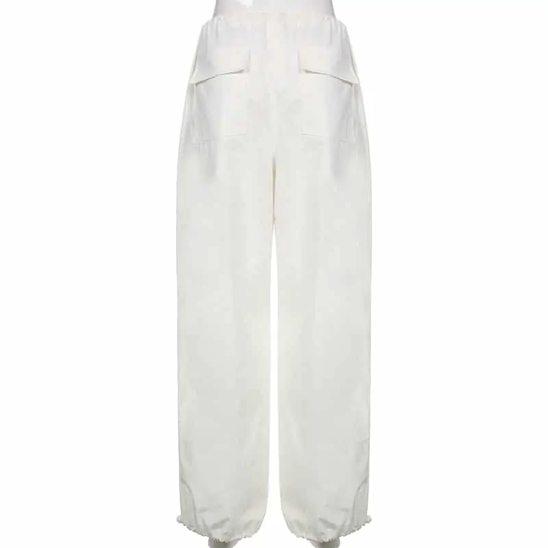 Sweetown-pantalones de chándal holgados de pierna ancha para mujer, ropa de calle de cintura baja con cordón, color blanco, estilo Hippie, Cargo