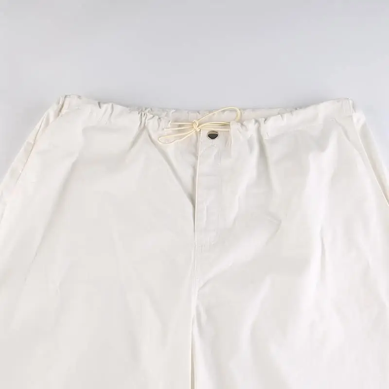 Sweetown-pantalones de chándal holgados de pierna ancha para mujer, ropa de calle de cintura baja con cordón, color blanco, estilo Hippie, Cargo