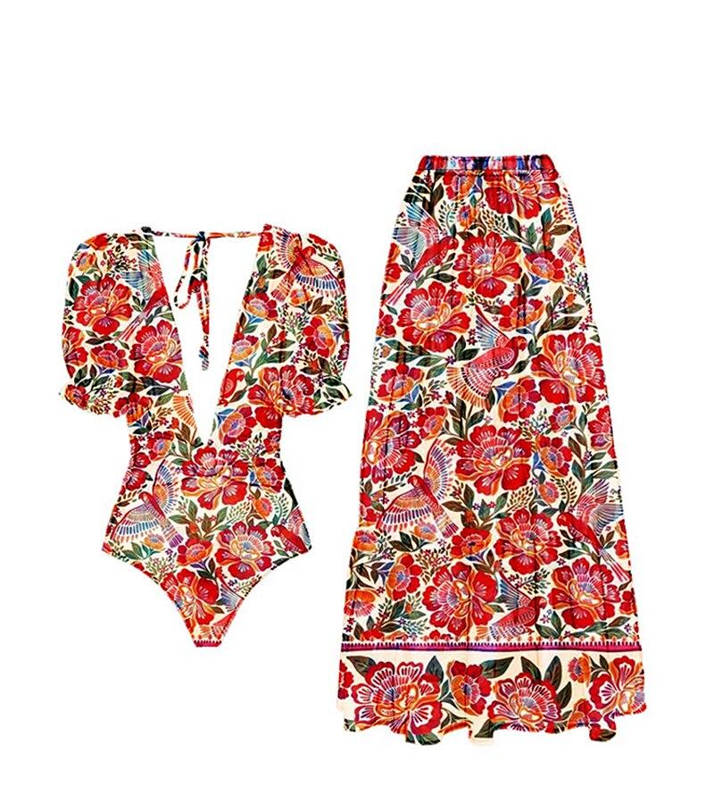 Lanswe2023-traje de baño con estampado Retro para mujer, bañador con estampado de V profundo, precioso rojo y una pieza, ropa de playa de verano