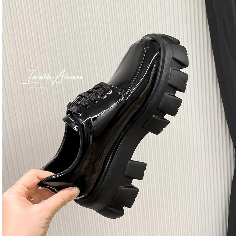 Women‘s British Style Leather Shoes 2023 Spring and Autumn Loafer Shoes Heightened Thick Bottom Platform Lace-up Shoes Women