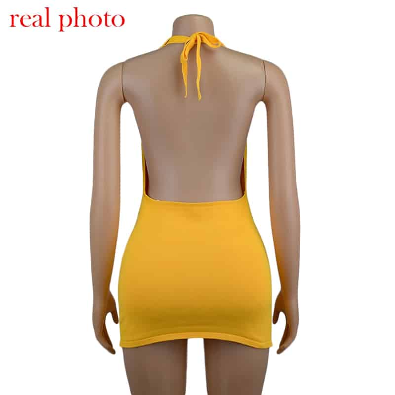 Criptográfico Halter Sexy Mini sin espalda vestidos Bodycon Delgado Club fiesta sin mangas de vestido de otoño y ropa de vacaciones en la playa