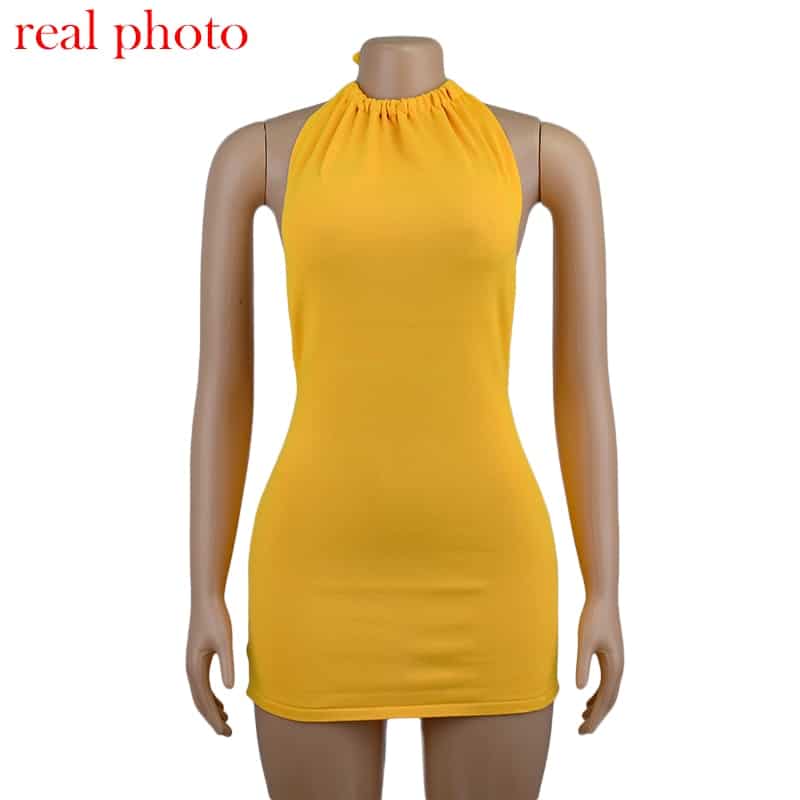 Criptográfico Halter Sexy Mini sin espalda vestidos Bodycon Delgado Club fiesta sin mangas de vestido de otoño y ropa de vacaciones en la playa