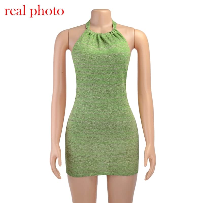 Criptográfico Halter Sexy Mini sin espalda vestidos Bodycon Delgado Club fiesta sin mangas de vestido de otoño y ropa de vacaciones en la playa