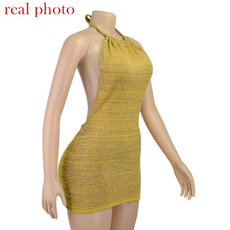 Criptográfico Halter Sexy Mini sin espalda vestidos Bodycon Delgado Club fiesta sin mangas de vestido de otoño y ropa de vacaciones en la playa