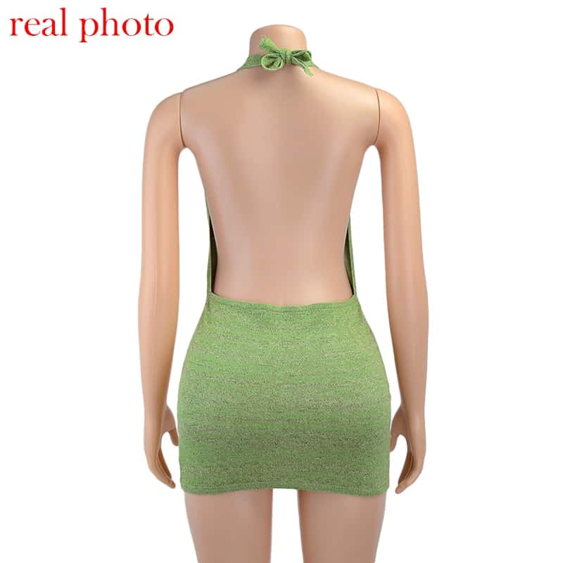 Criptográfico Halter Sexy Mini sin espalda vestidos Bodycon Delgado Club fiesta sin mangas de vestido de otoño y ropa de vacaciones en la playa