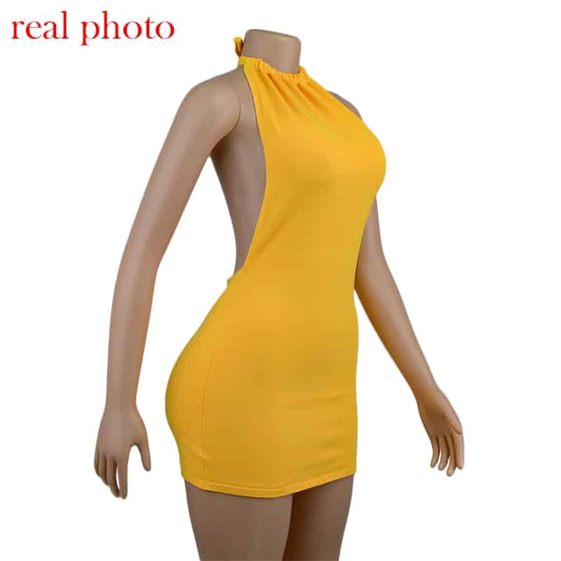 Criptográfico Halter Sexy Mini sin espalda vestidos Bodycon Delgado Club fiesta sin mangas de vestido de otoño y ropa de vacaciones en la playa