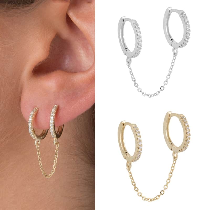 Huitan-pendientes Piercing de dos agujeros para mujer, aretes de cristal brillante de circón, cadena de 3 colores metálicos, pendientes de fiesta joyería